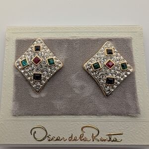 Oscar de la Renta Gold Plated Earrings with Multicolor Stone Accents